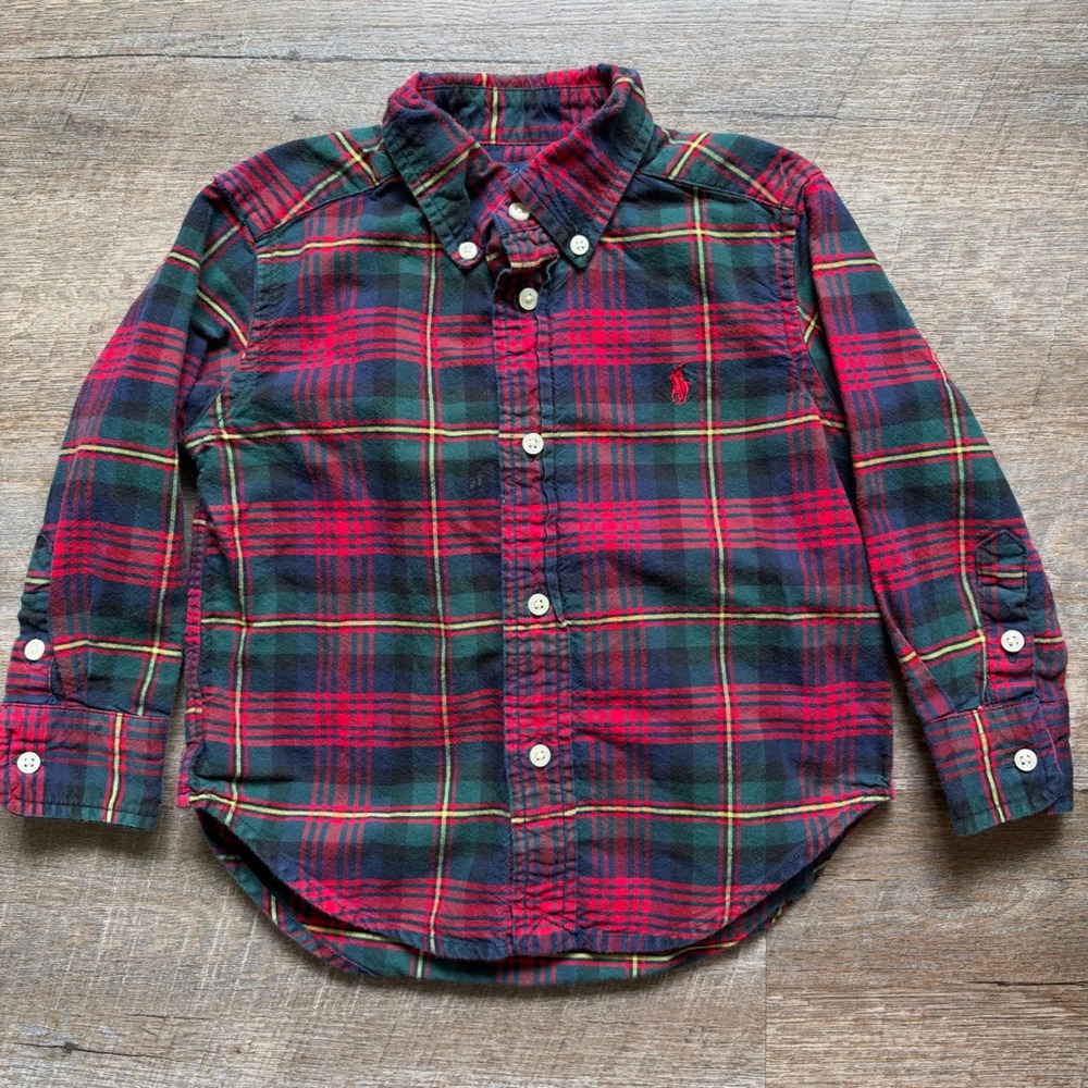 Polo Ralph Lauren Plaid Button Down Shirt 2T Regular Red Green Tartan Pony Logo
